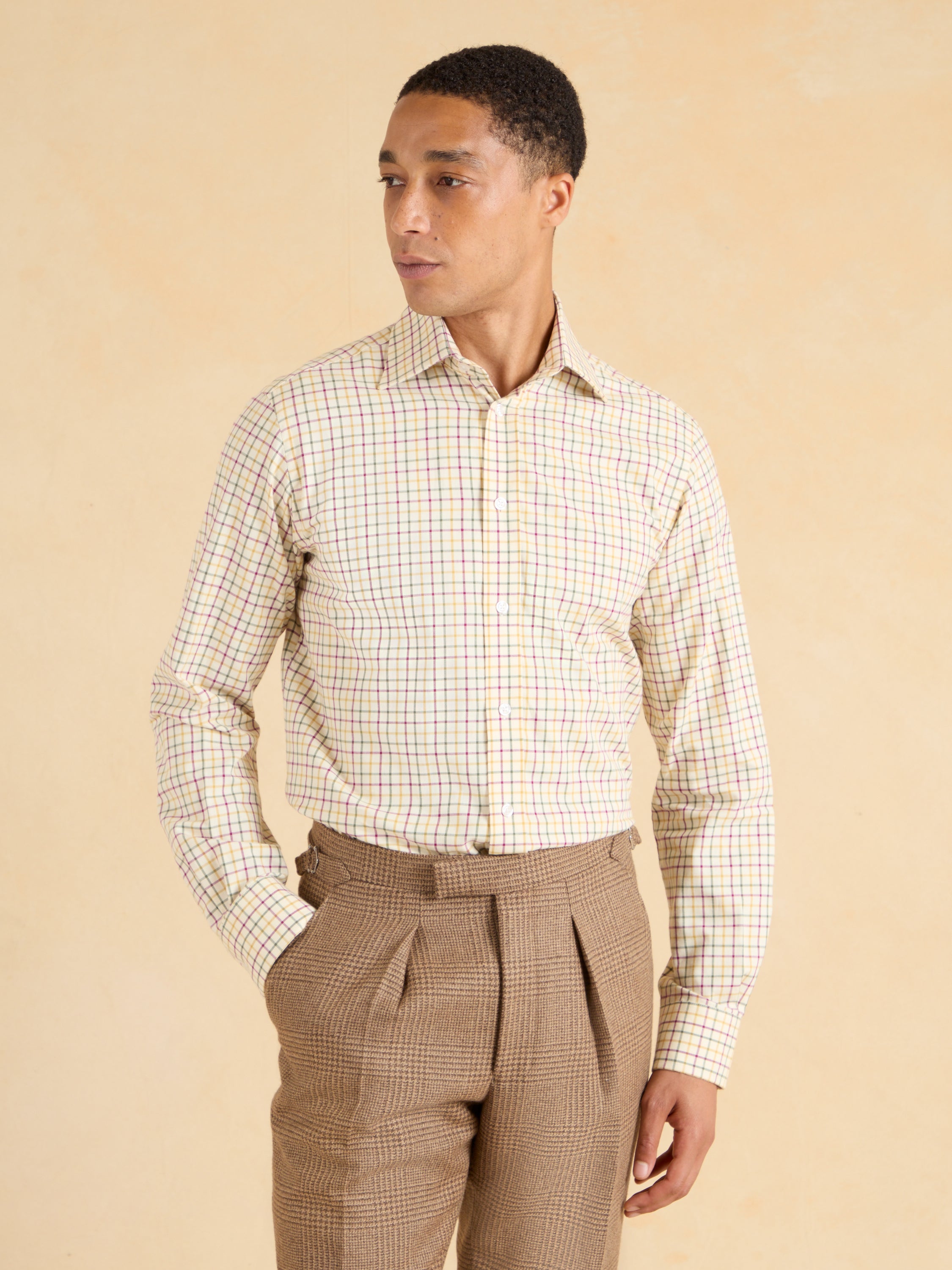 City Tattersall Shirt - Tan and Burgundy Cotton