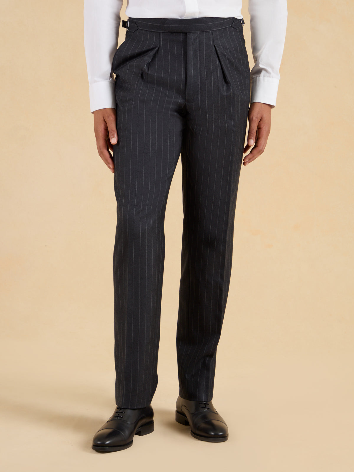 Grosvenor Pleated Trousers - Charcoal Chalk Stripe Wool