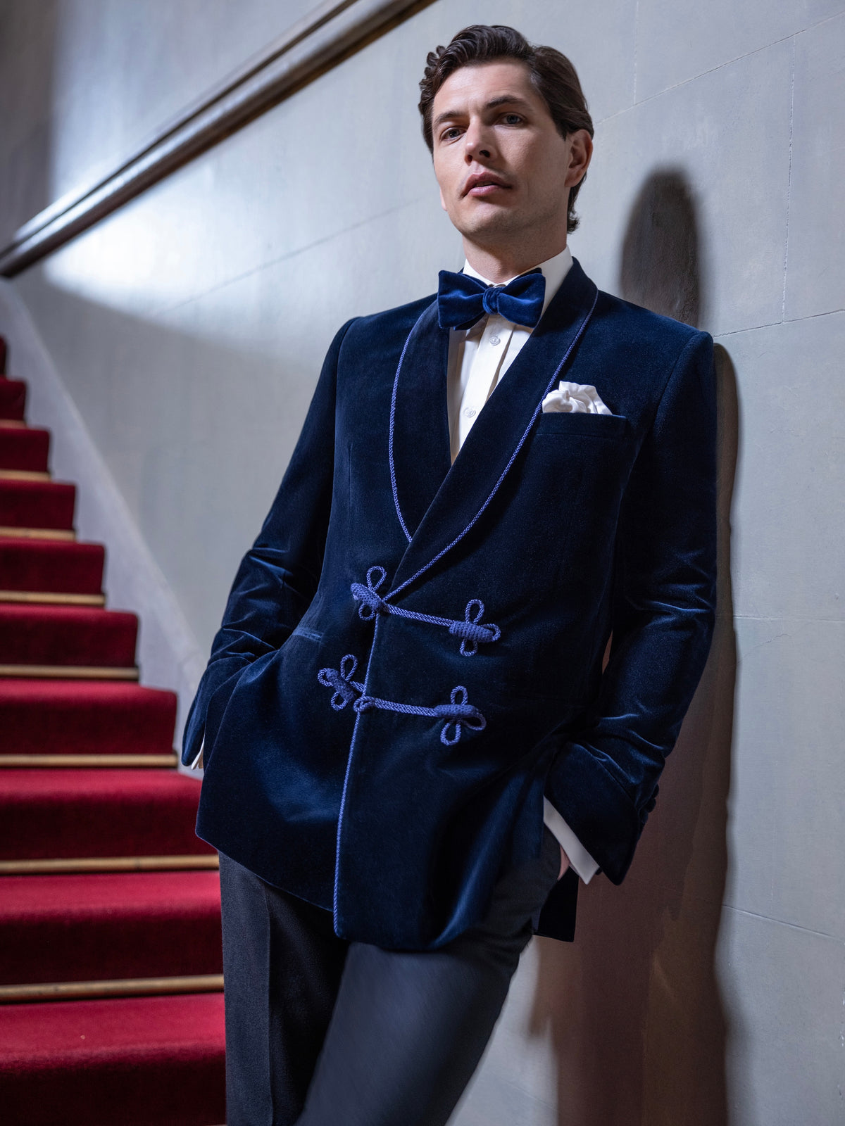 Caversham Smoking Jacket with Silk Toggles - Navy Cotton Velvet
