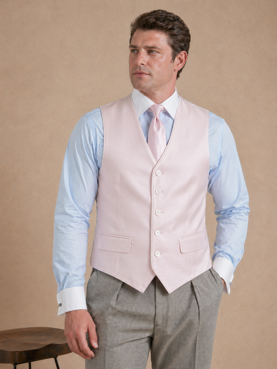 Single Breasted Silk Waistcoat With Piping - Pink (Extended Sizing)
