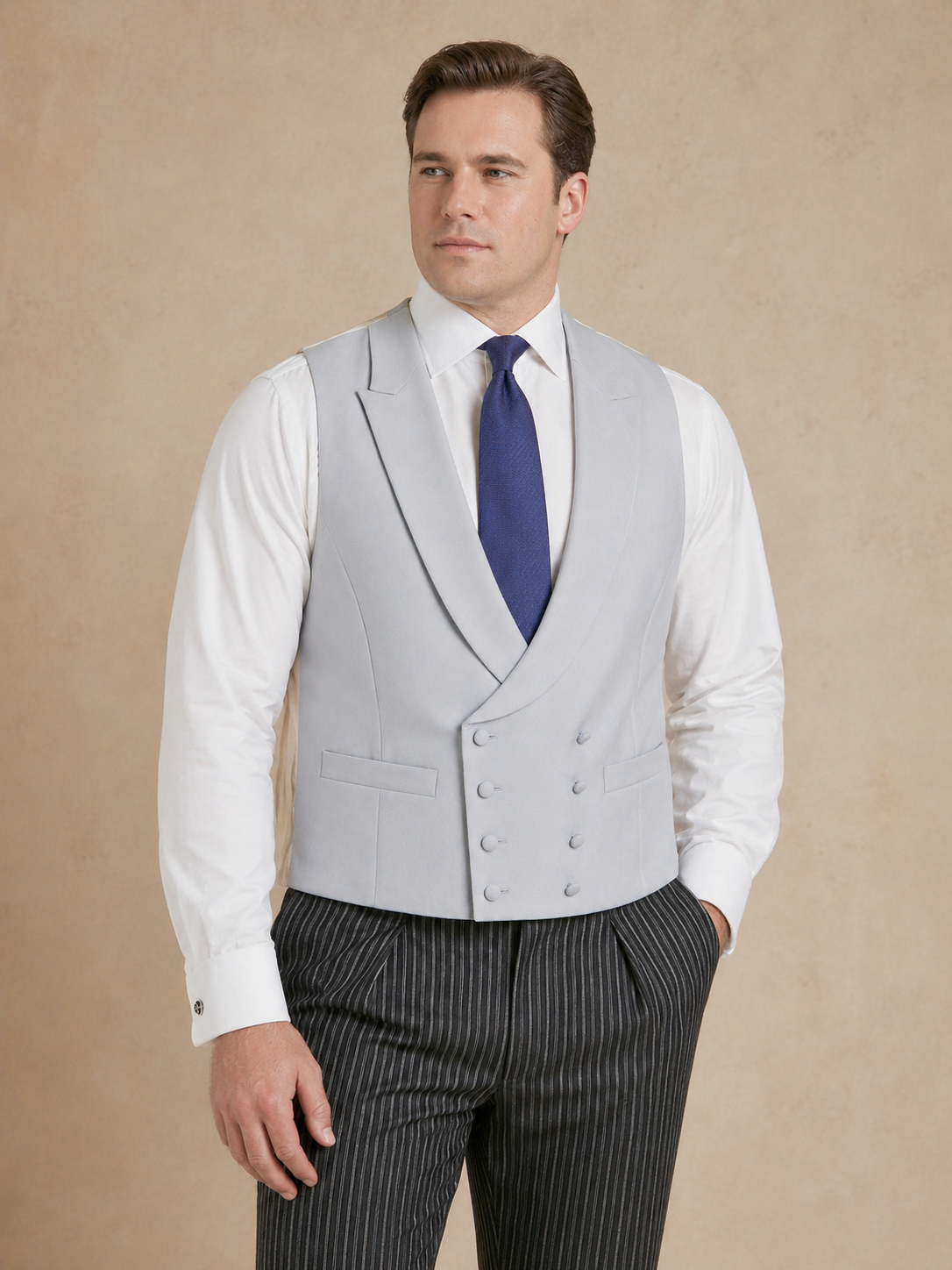 Double Breasted Wool Waistcoat - Grey (Extended Sizing)