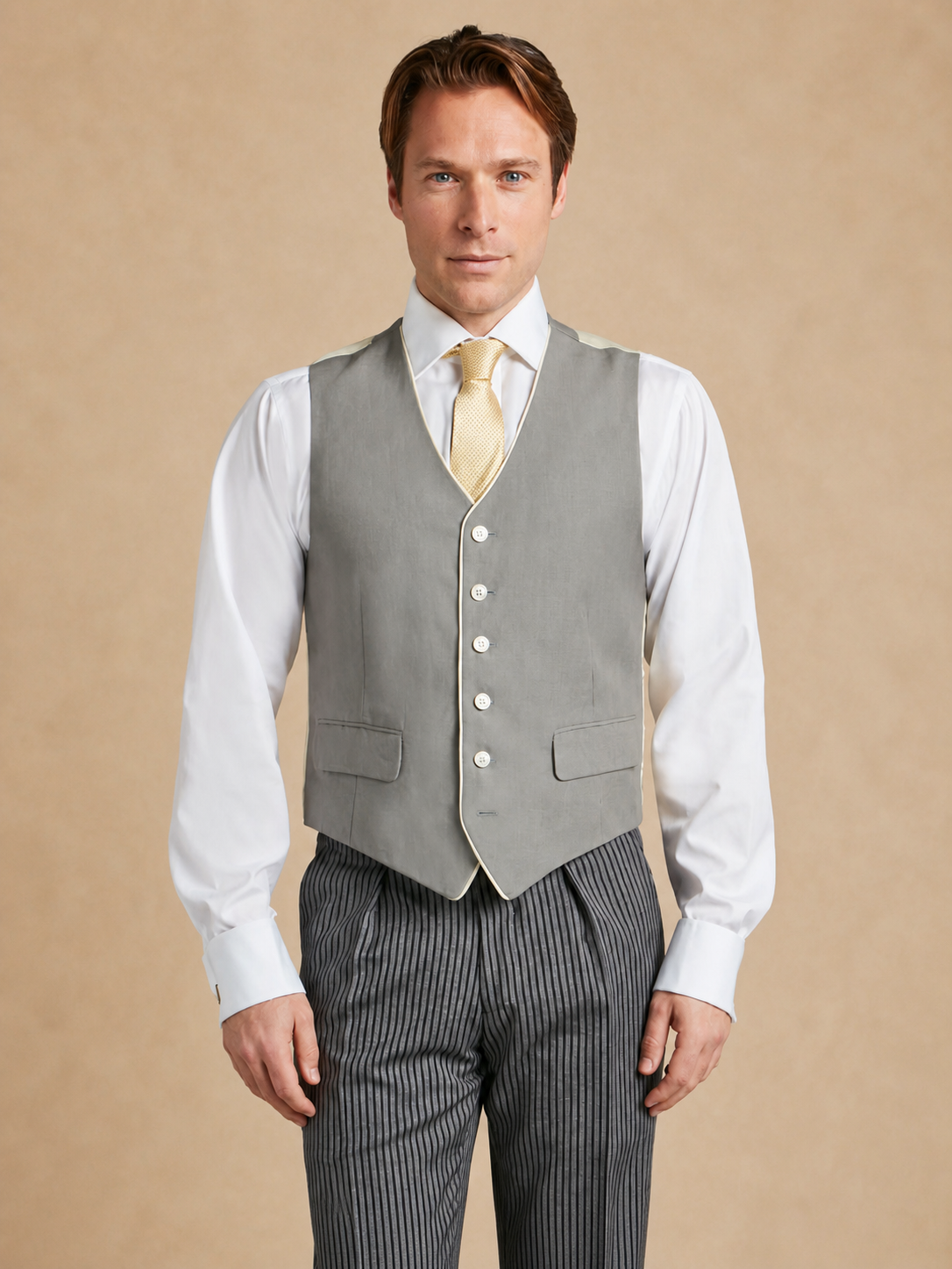 Single Breasted Linen Waistcoat With Piping - Grey