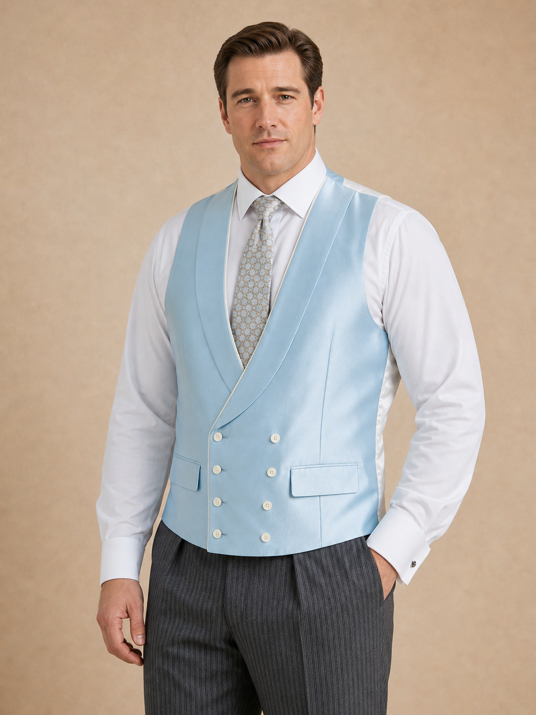 Double Breasted Silk Waistcoat With Piping - Blue (Extended Sizing)