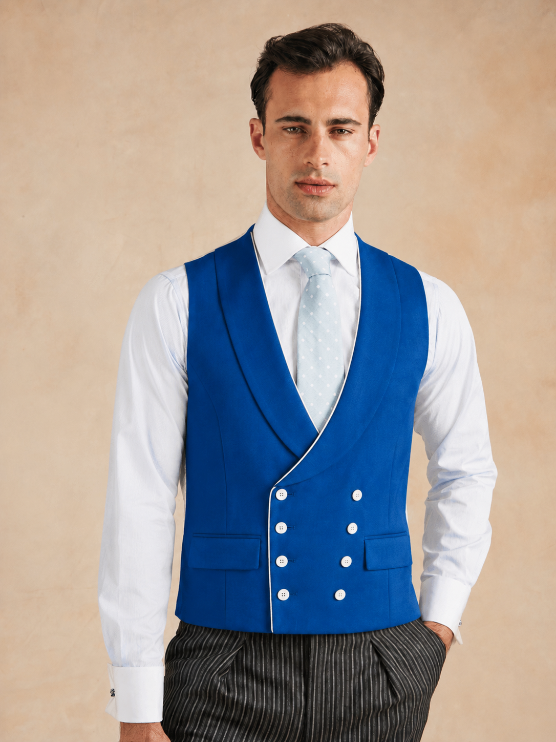 Double Breasted Wool Waistcoat Piping Royal Blue