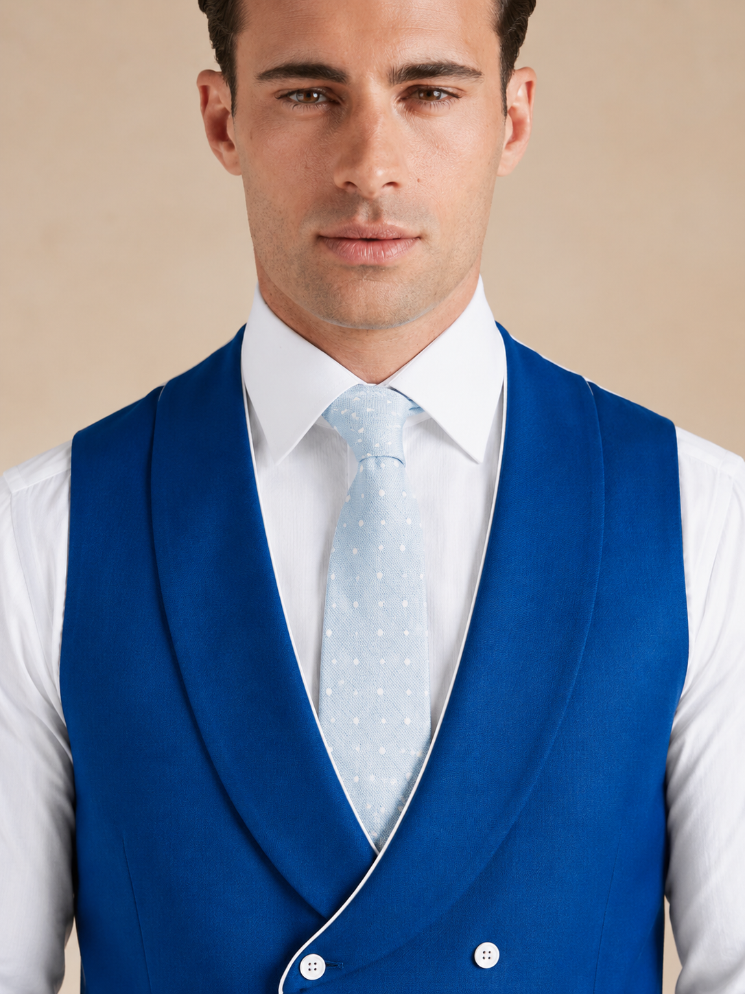 Double Breasted Wool Waistcoat With Piping - Royal Blue