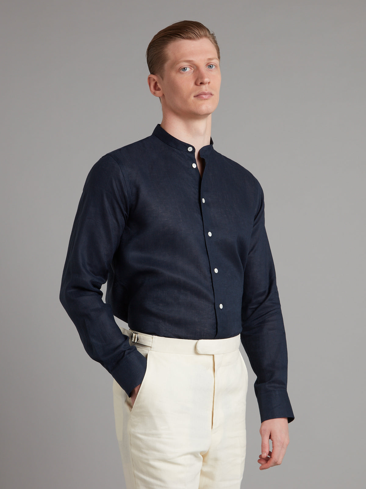 Collarless Linen Shirt