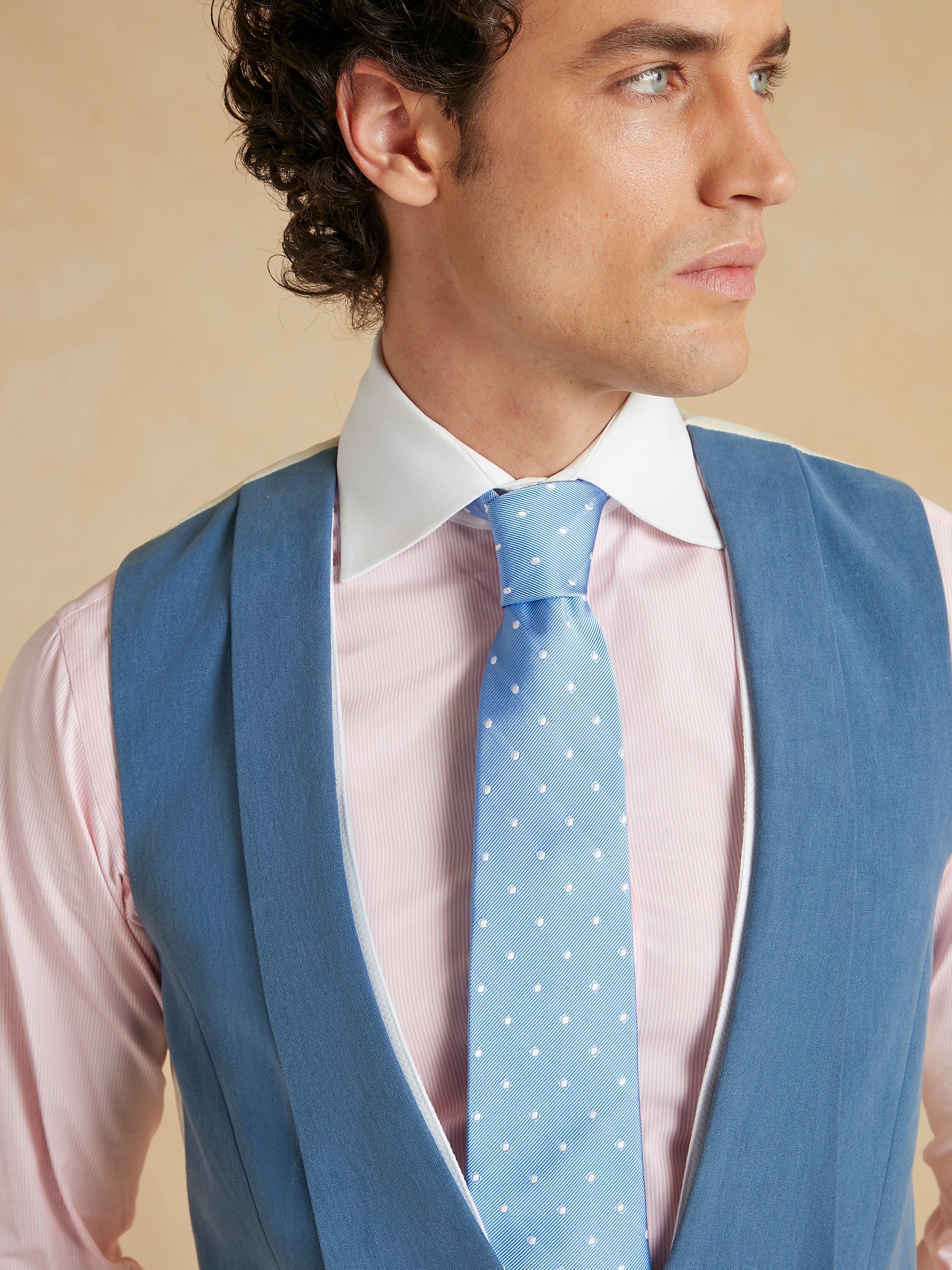 Deep Shawl Lapel Double Breasted Linen Waistcoat - Mid Blue