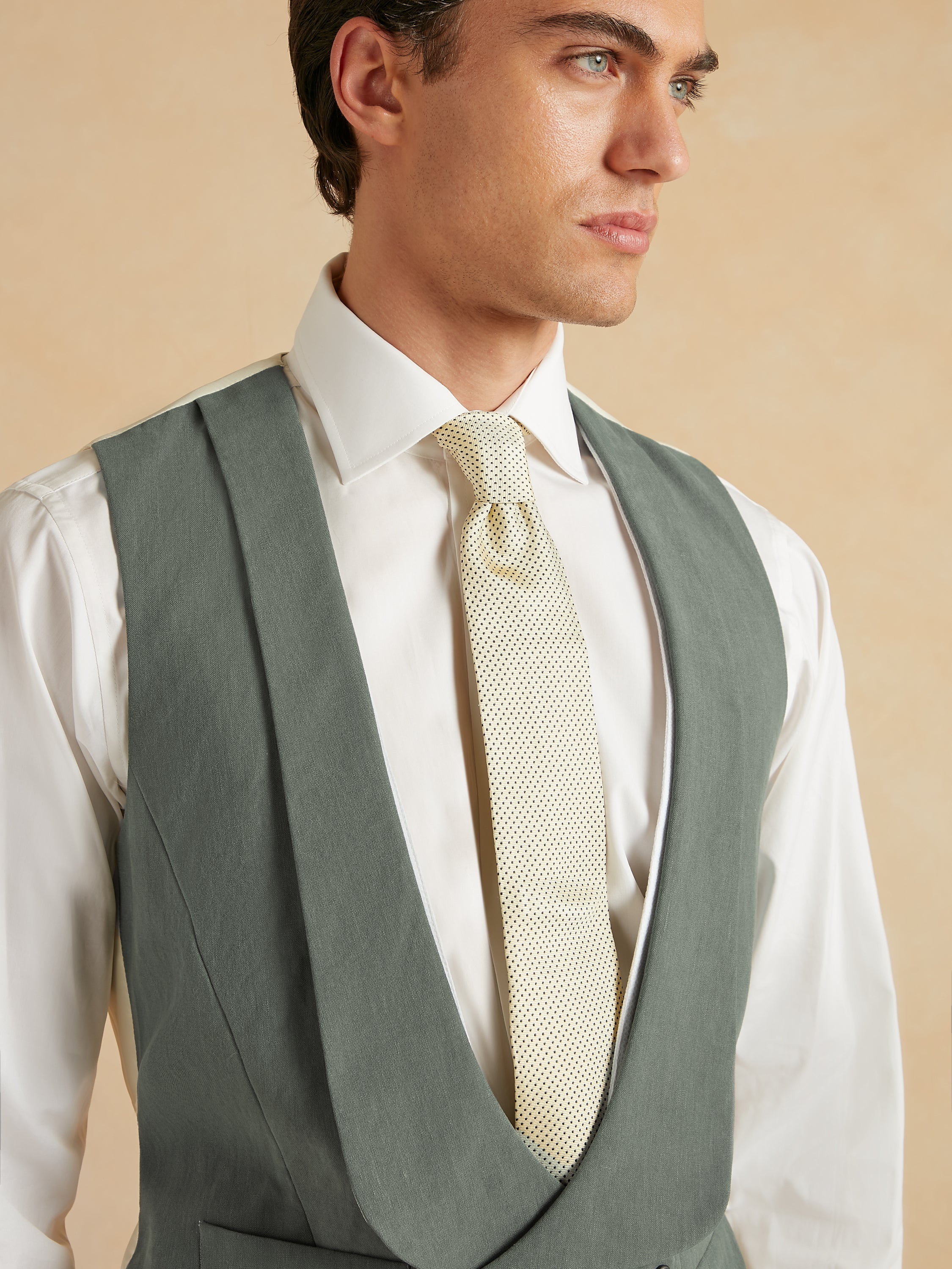 Deep Shawl Lapel Double Breasted Linen Waistcoat - Sage Green