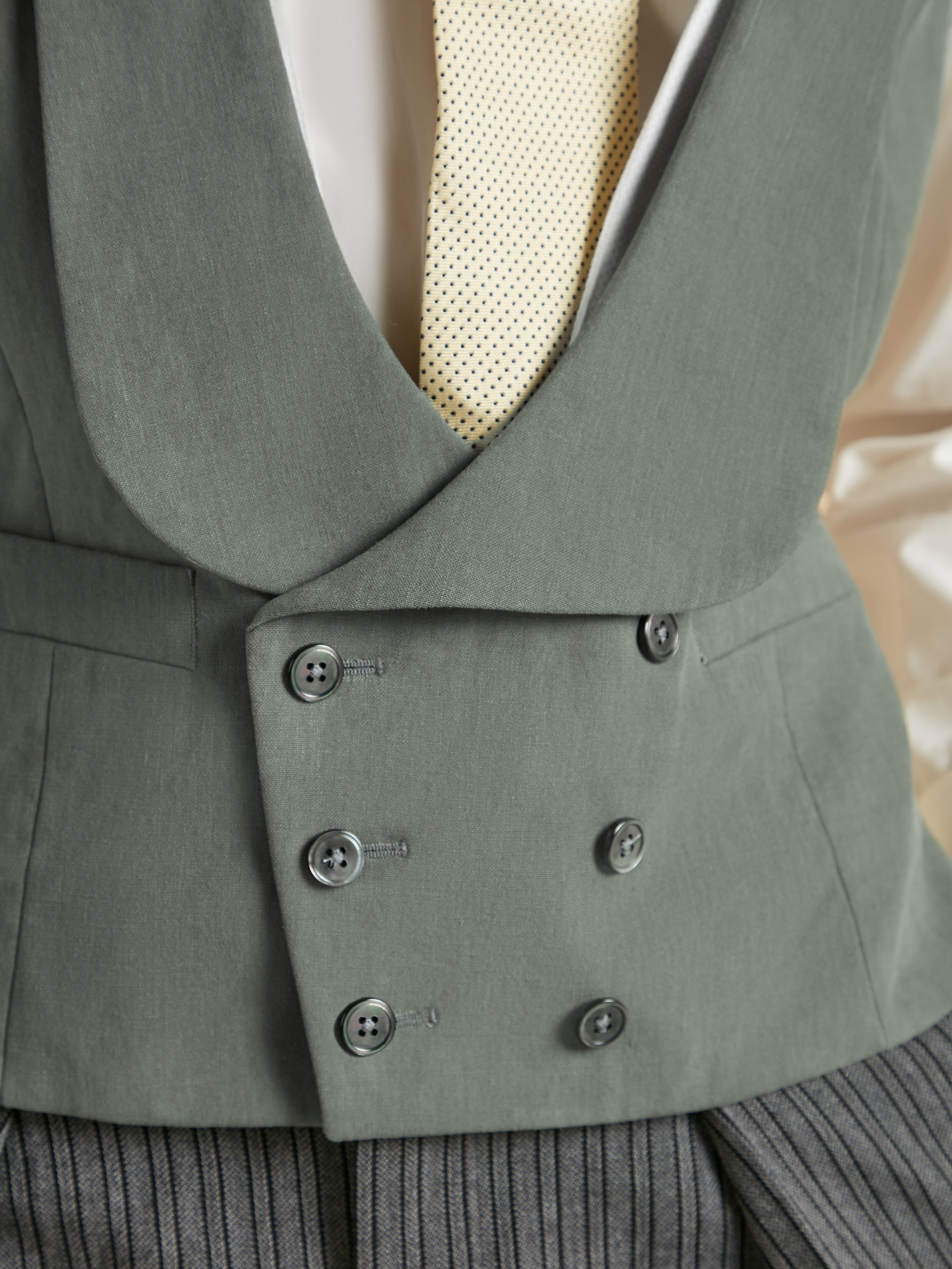 Deep Shawl Lapel Double Breasted Linen Waistcoat - Sage Green