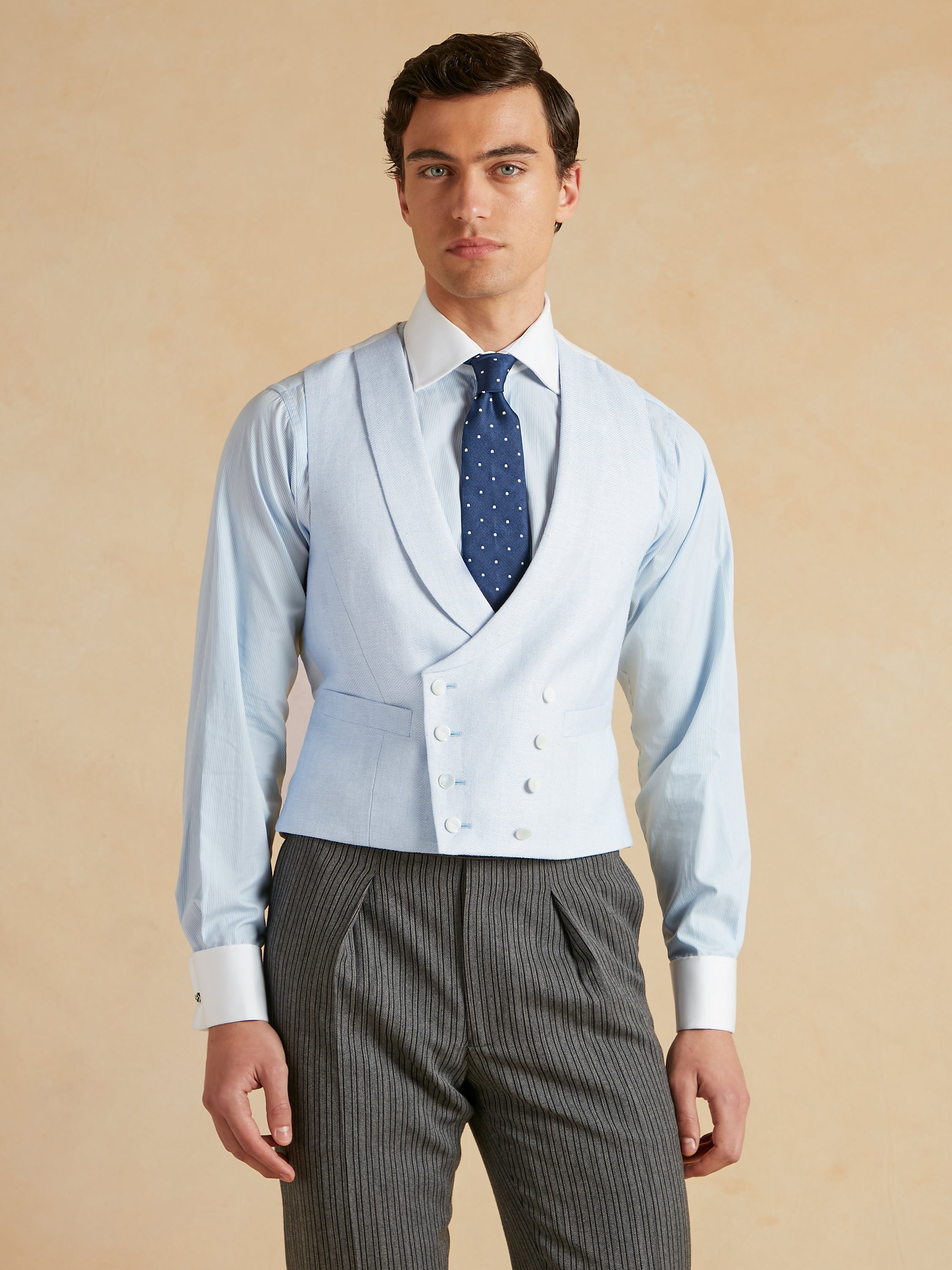 Double Breasted Waistcoat Silk Herringbone - Pale Blue