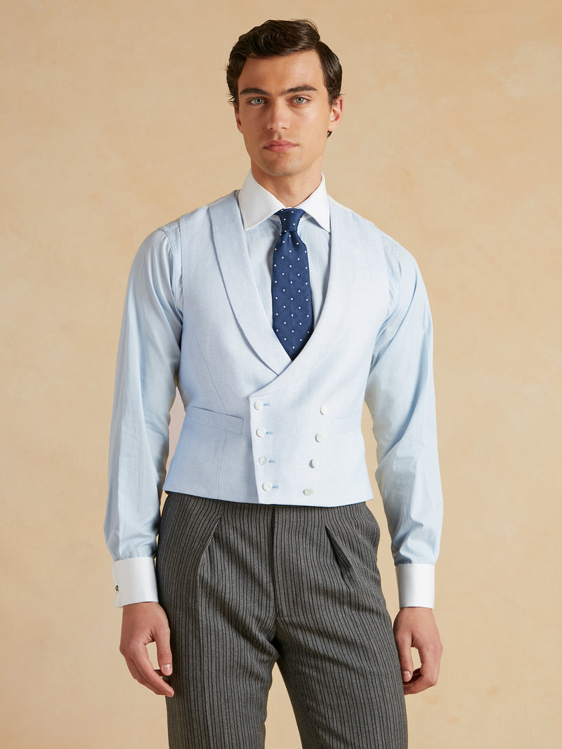 Double Breasted Waistcoat Silk Herringbone - Pale Blue