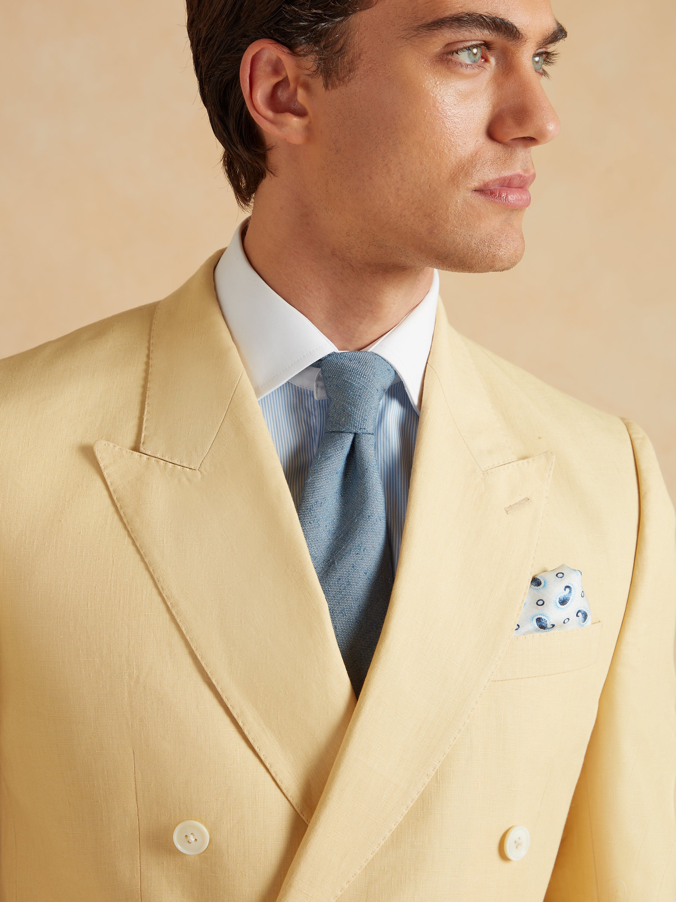 Double Breasted Peak Lapel Jacket - Yellow Linen