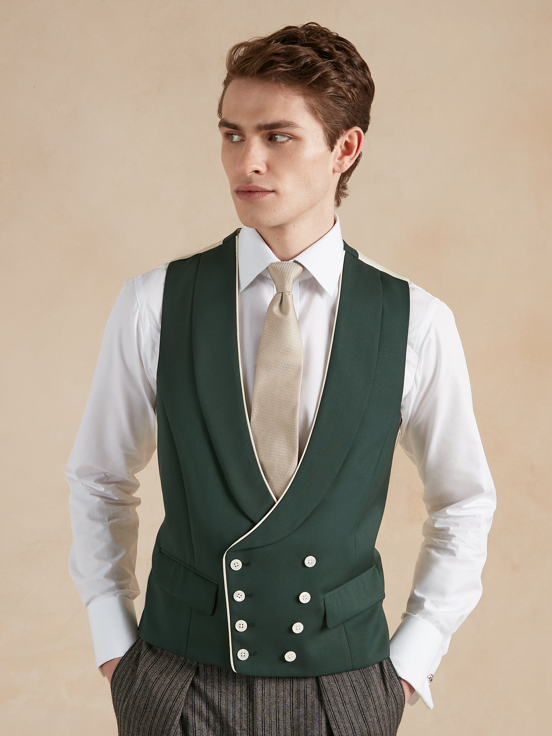 Double Breasted Wool Waistcoat With Piping Hunter Green Men's