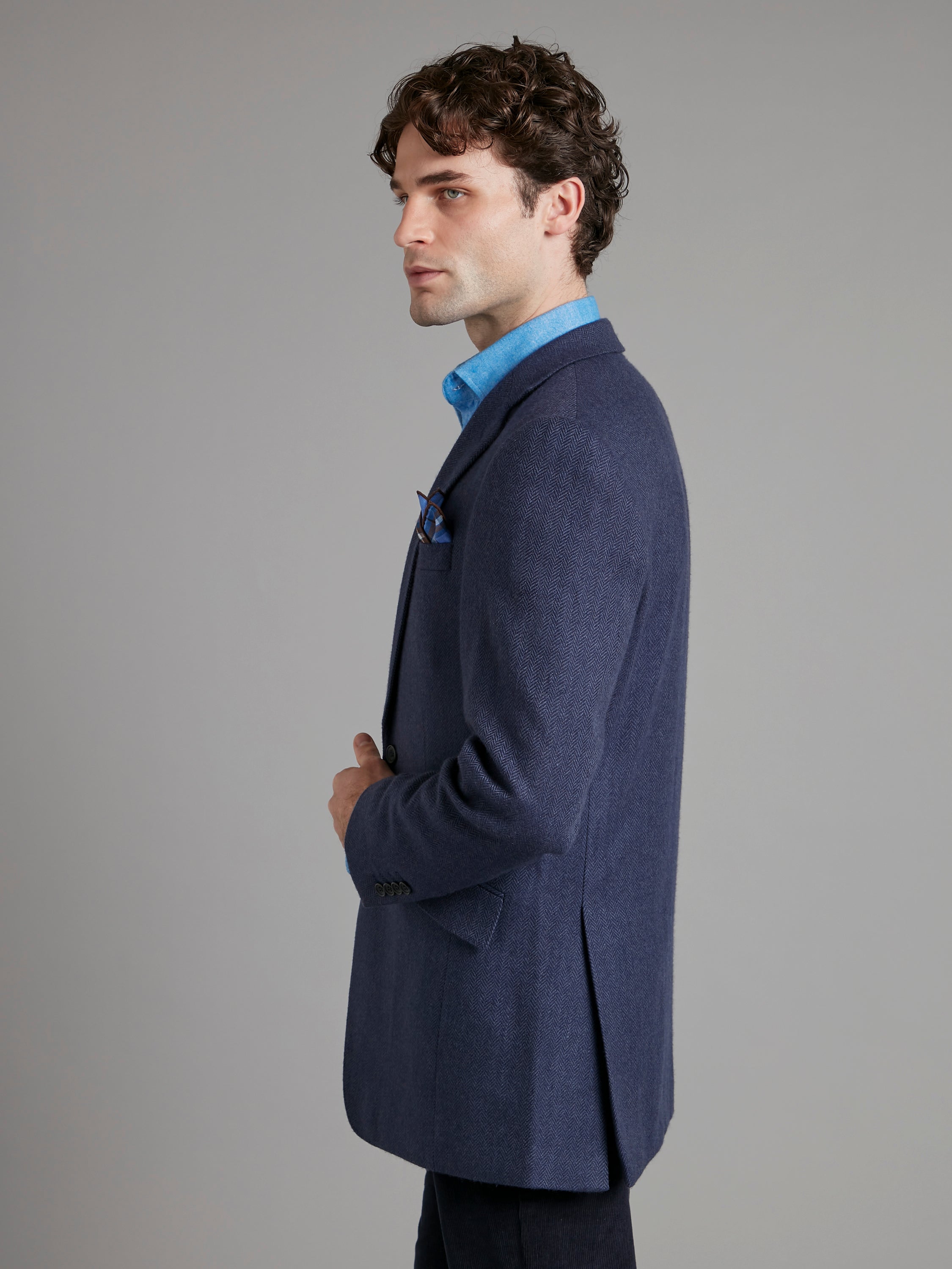 Eaton Jacket Pure Cashmere - Blue Herringbone