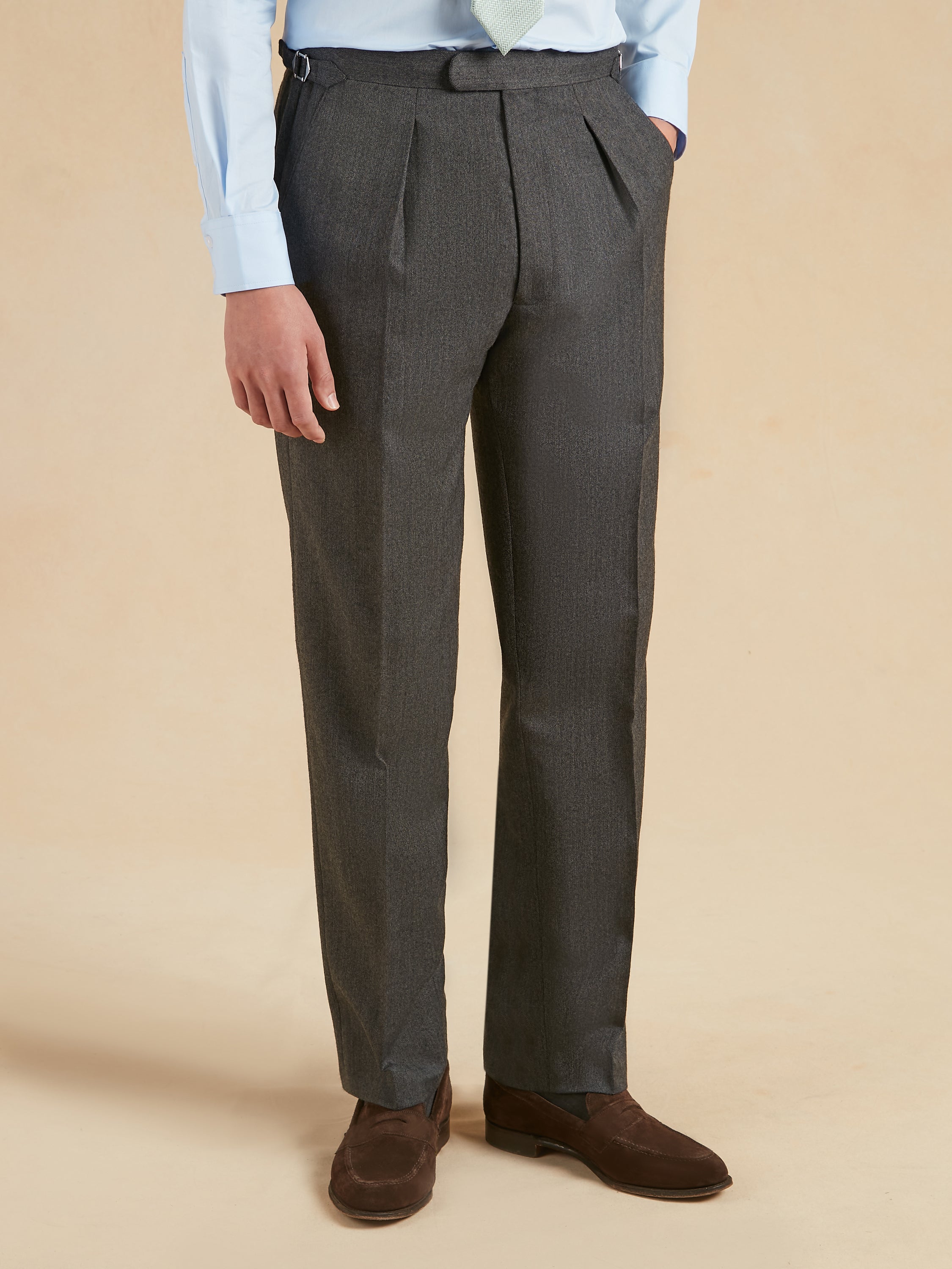 Pleated Suit Trousers - Grey Herringbone