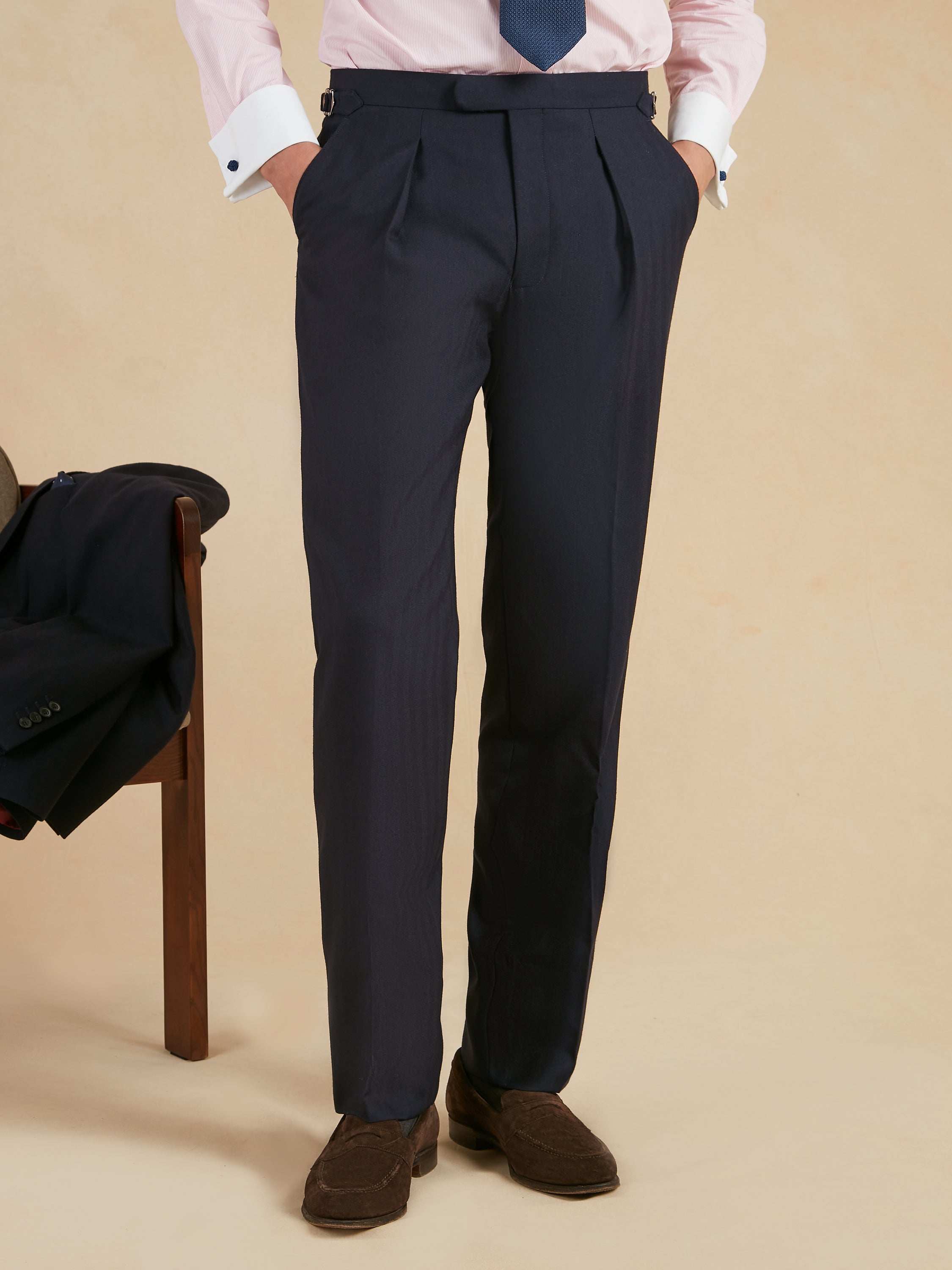 Pleated Suit Trousers - Navy Herringbone