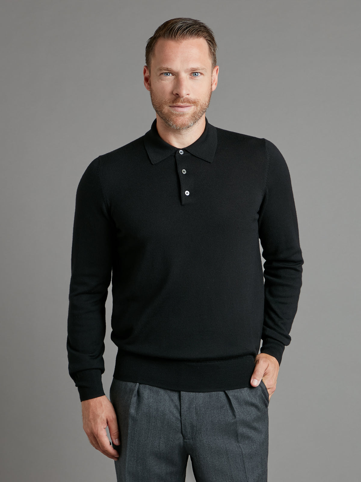 Fine Merino Long Sleeve Polo Shirt