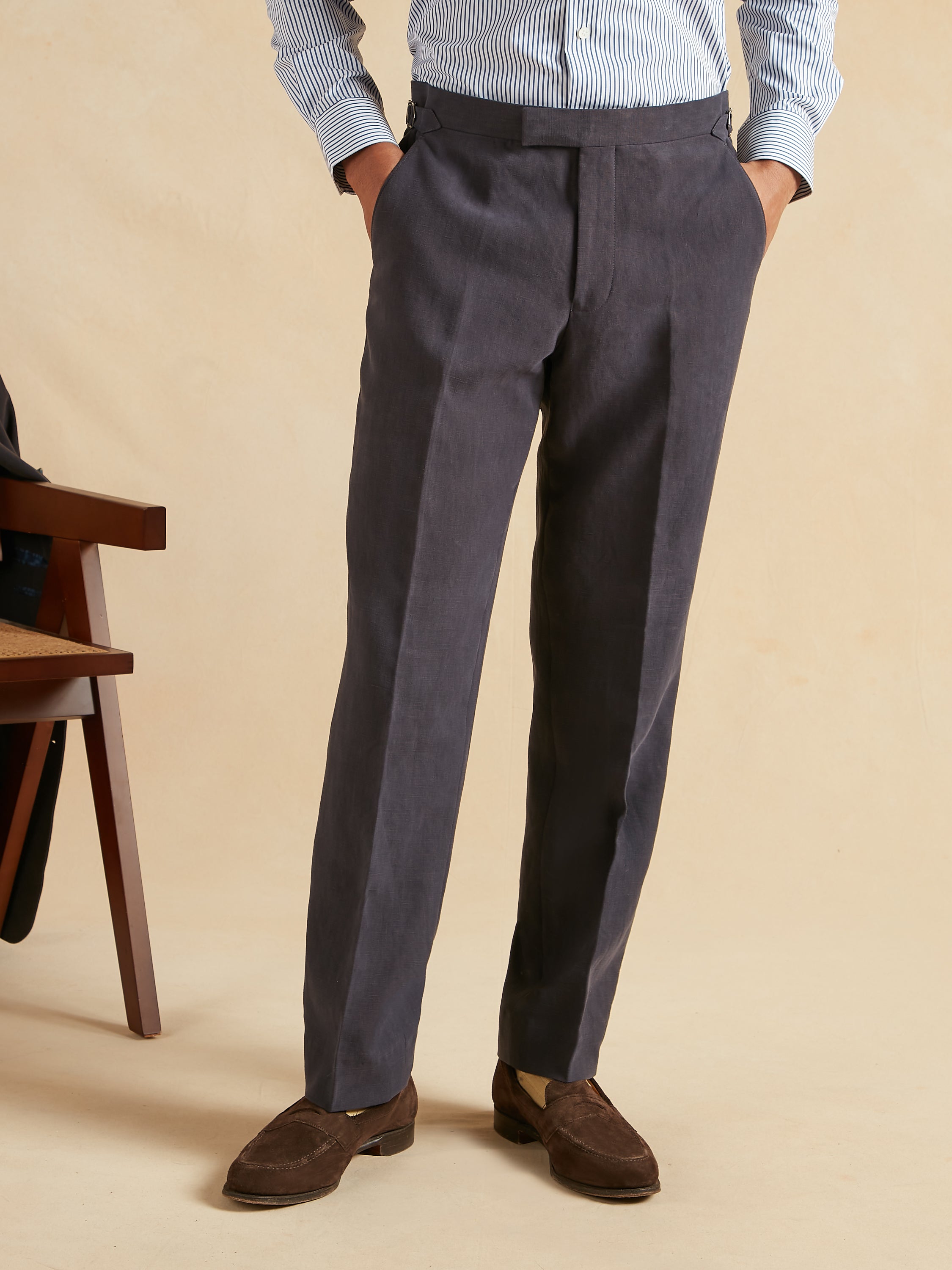 Flat Front Trousers Italian Linen - Navy | Men's Suit Trousers
