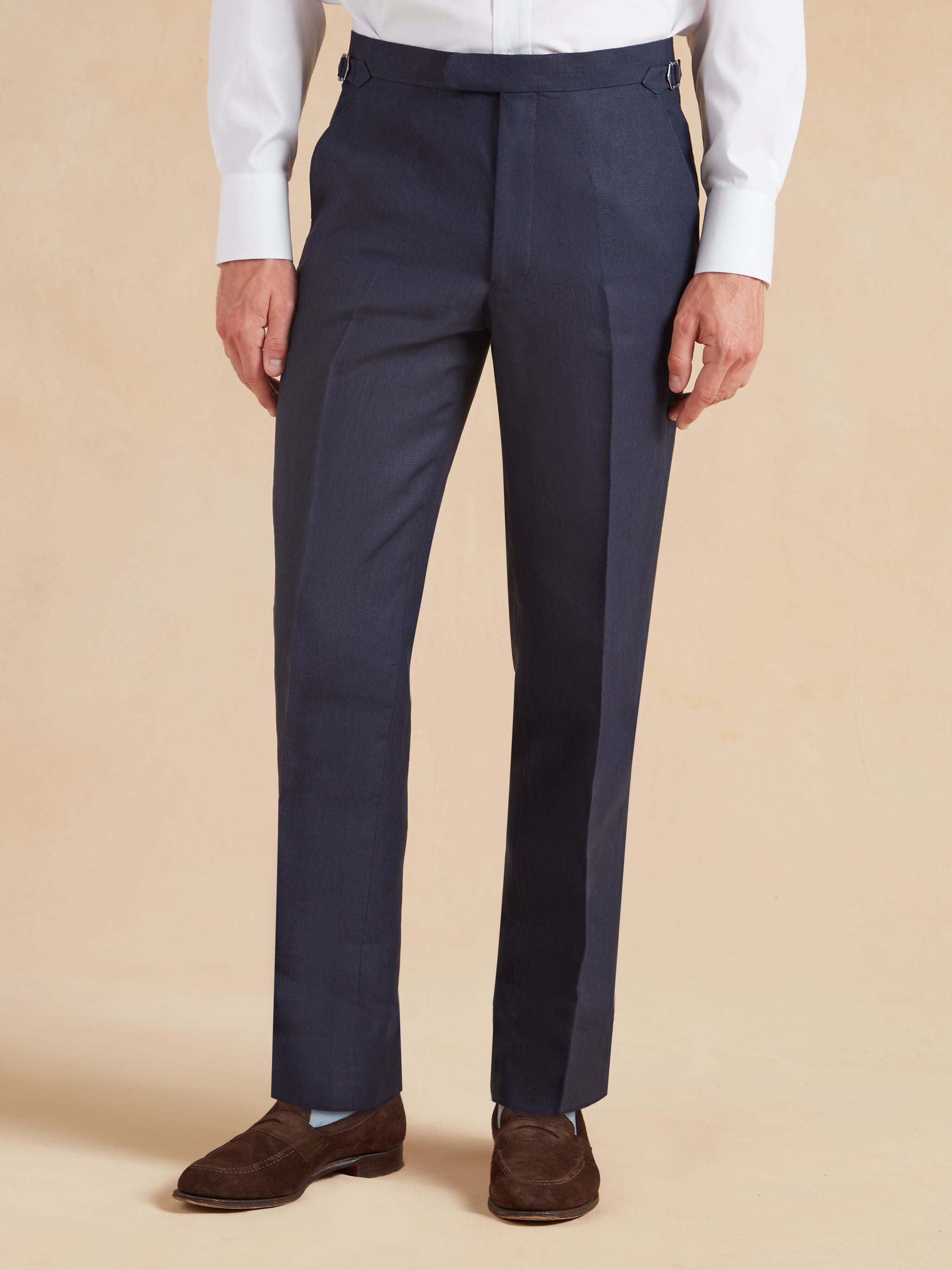 Flat Front Trousers - Navy Linen | Men's Suit Trousers Flat Front Trousers - Navy Linen | Men's Suit Trousers