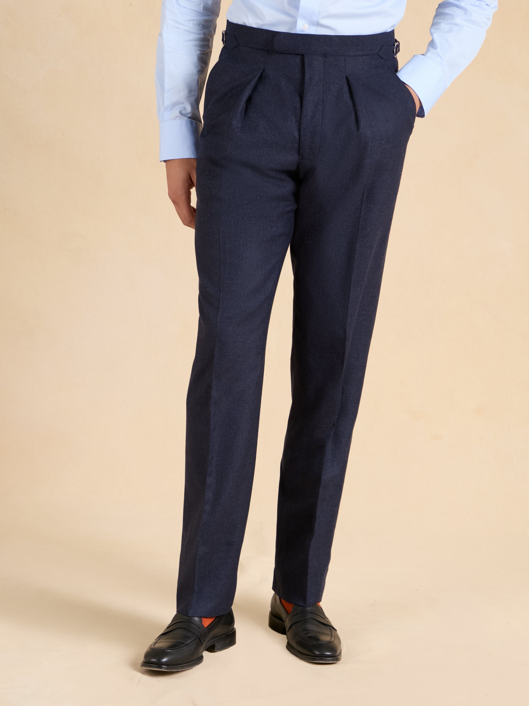 Grosvenor Pleated Trousers - Navy Flannel Wool