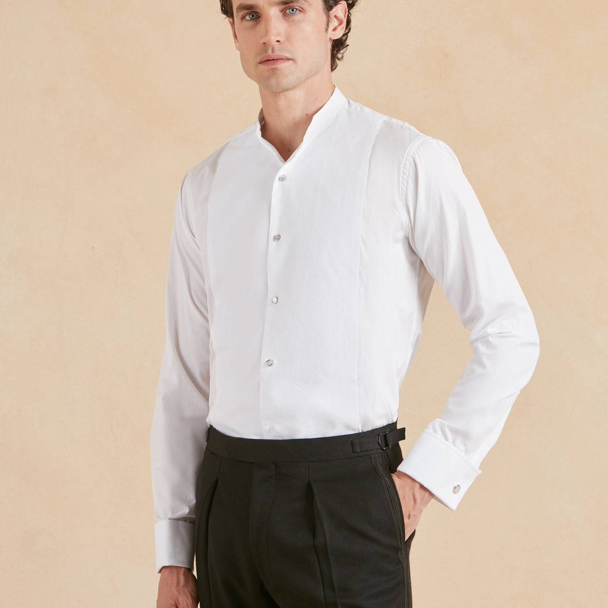 Marcella Dress Shirt, Collarless - White | Men's Evening Shirts