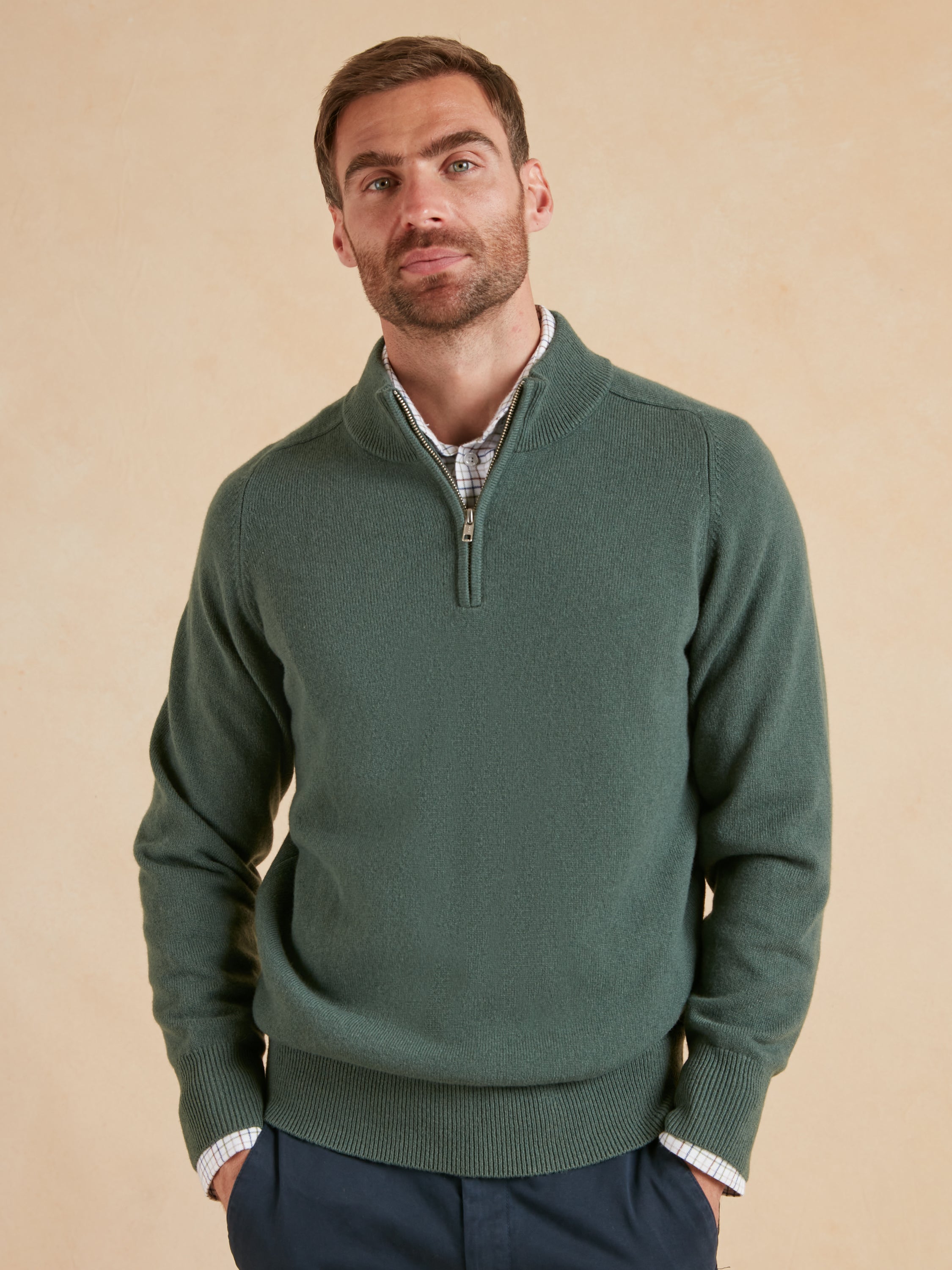 Quarter Zip Lambswool Jumper - Olive | Men's Quarter-Zip Jumpers | Oliver  Brown, London