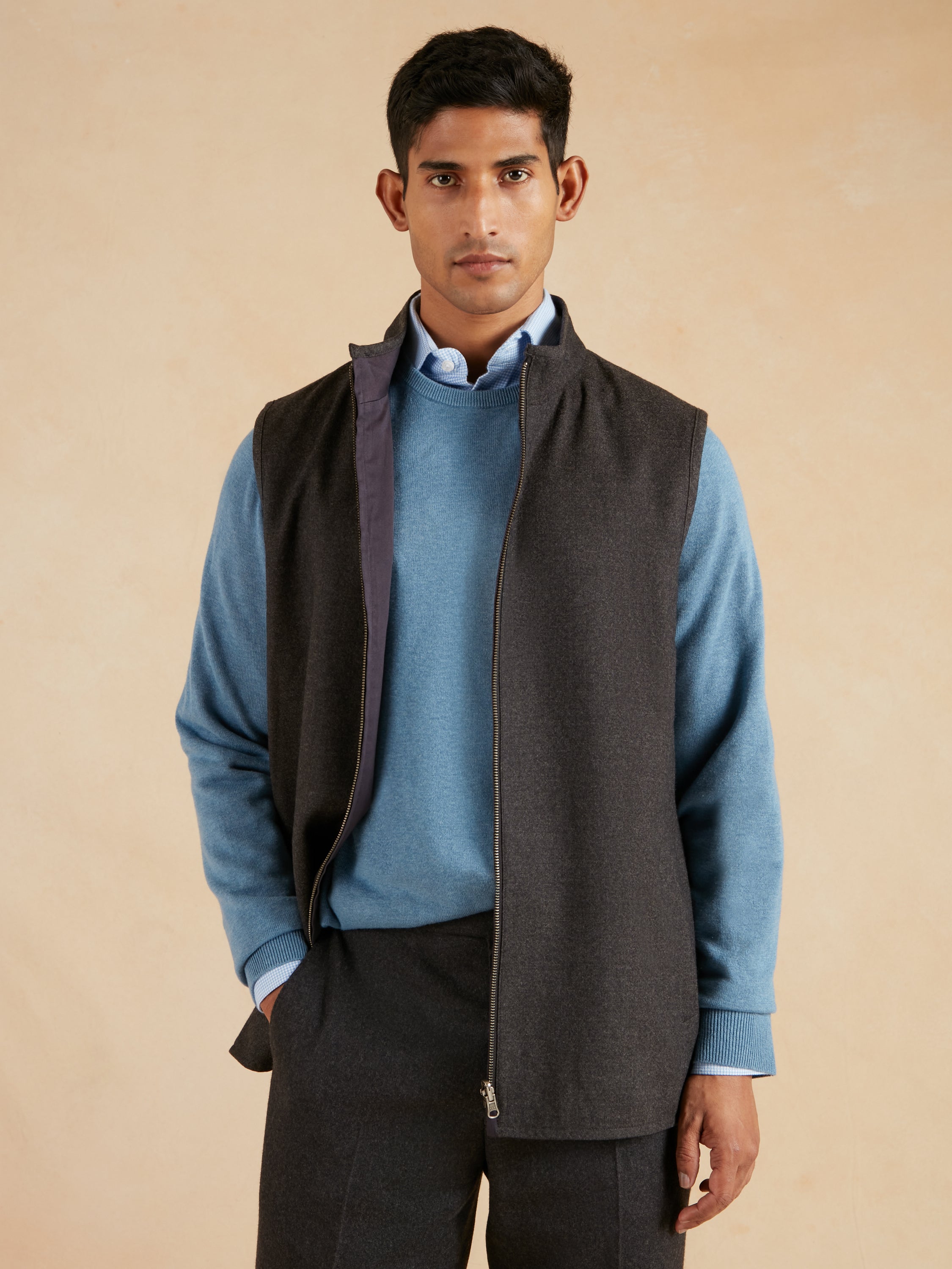 Reversible Wool and Cotton Gilet - Charcoal & Navy