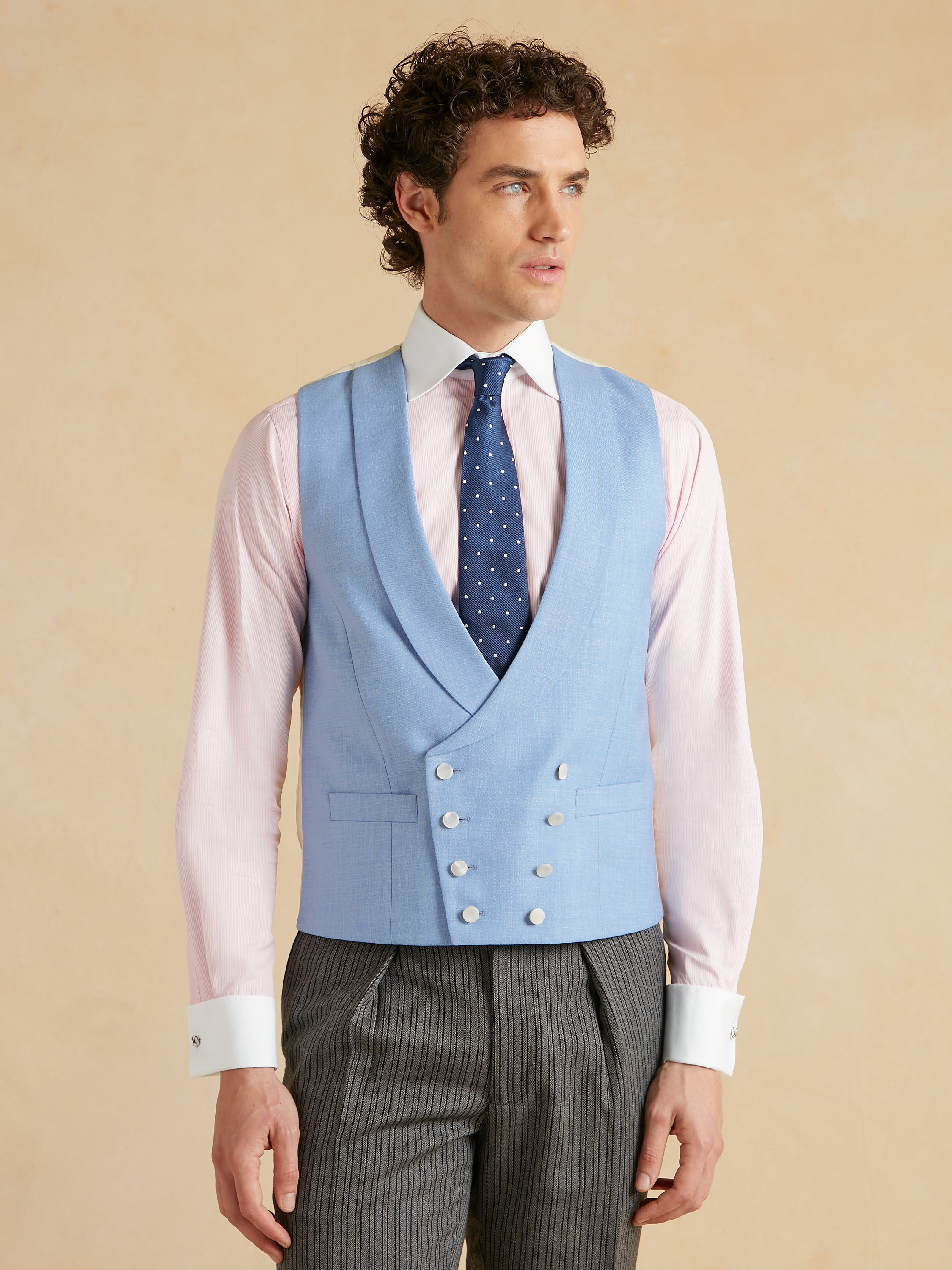 Tropical Wool, Silk and Linen Double Breasted Waistcoat - Pale Blue