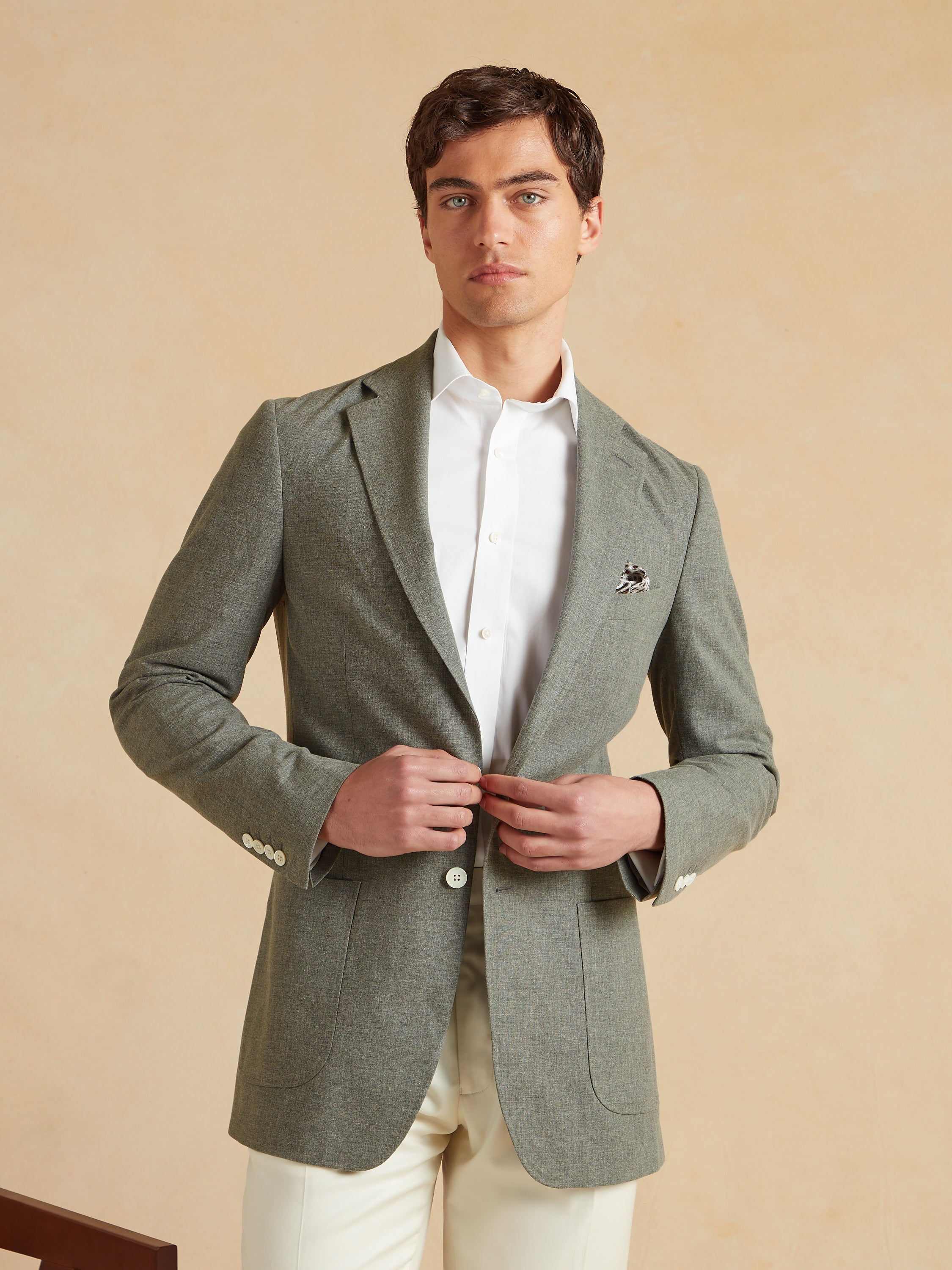 Unstructured Jacket Wool Cotton and Silk - Olive Green