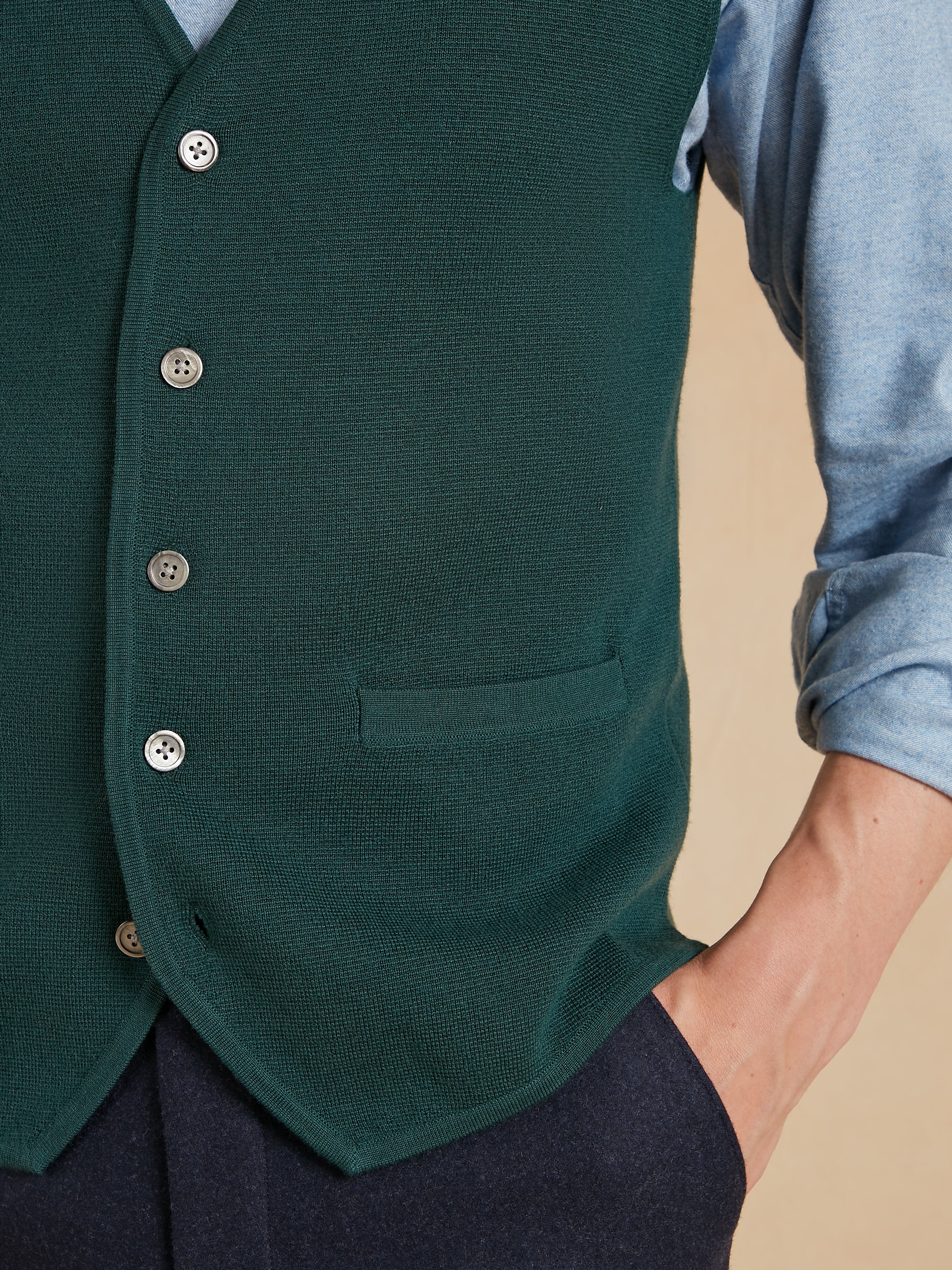 Fine Merino Wool Waistcoat - Green | Oliver Brown, London