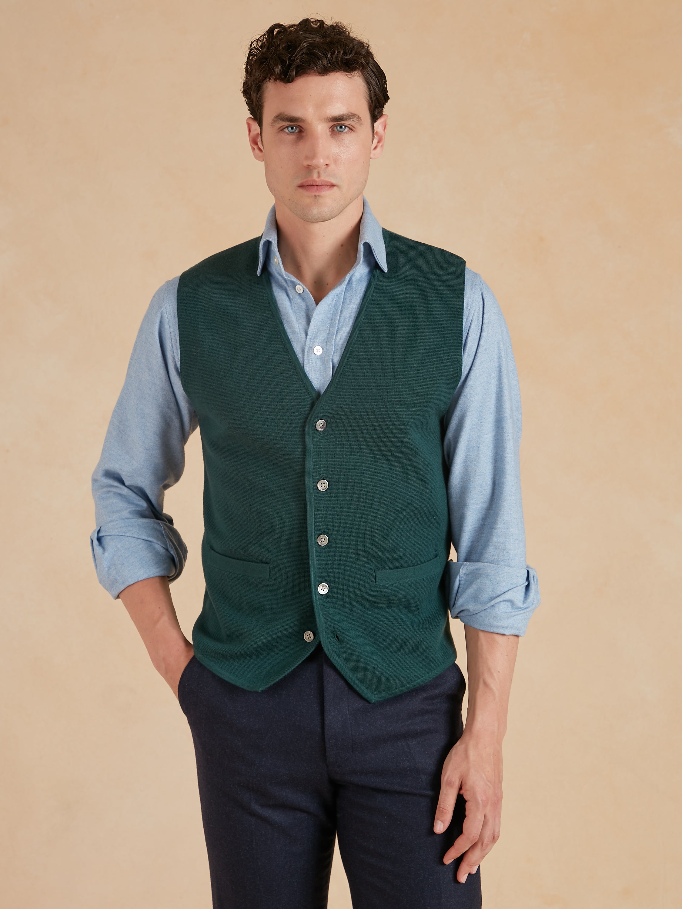 Fine Merino Wool Waistcoat - Green | Men's Merino Knit Waistcoat