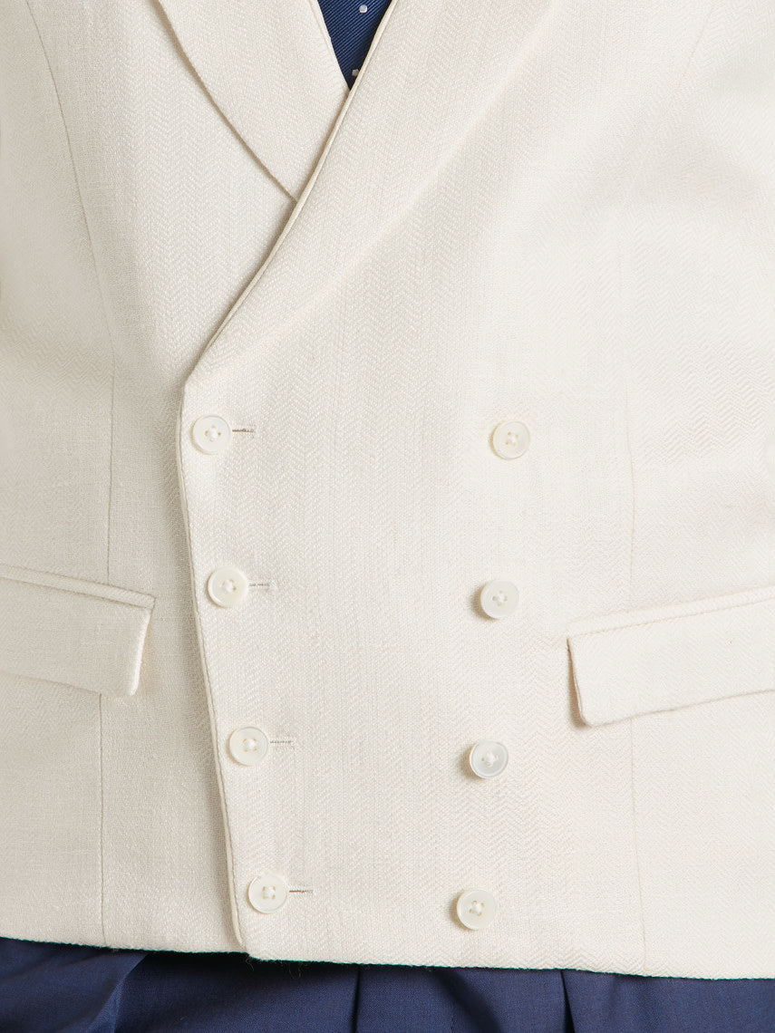 Double Breasted Waistcoat With Piping - Ivory Herringbone (Extended Sizing)